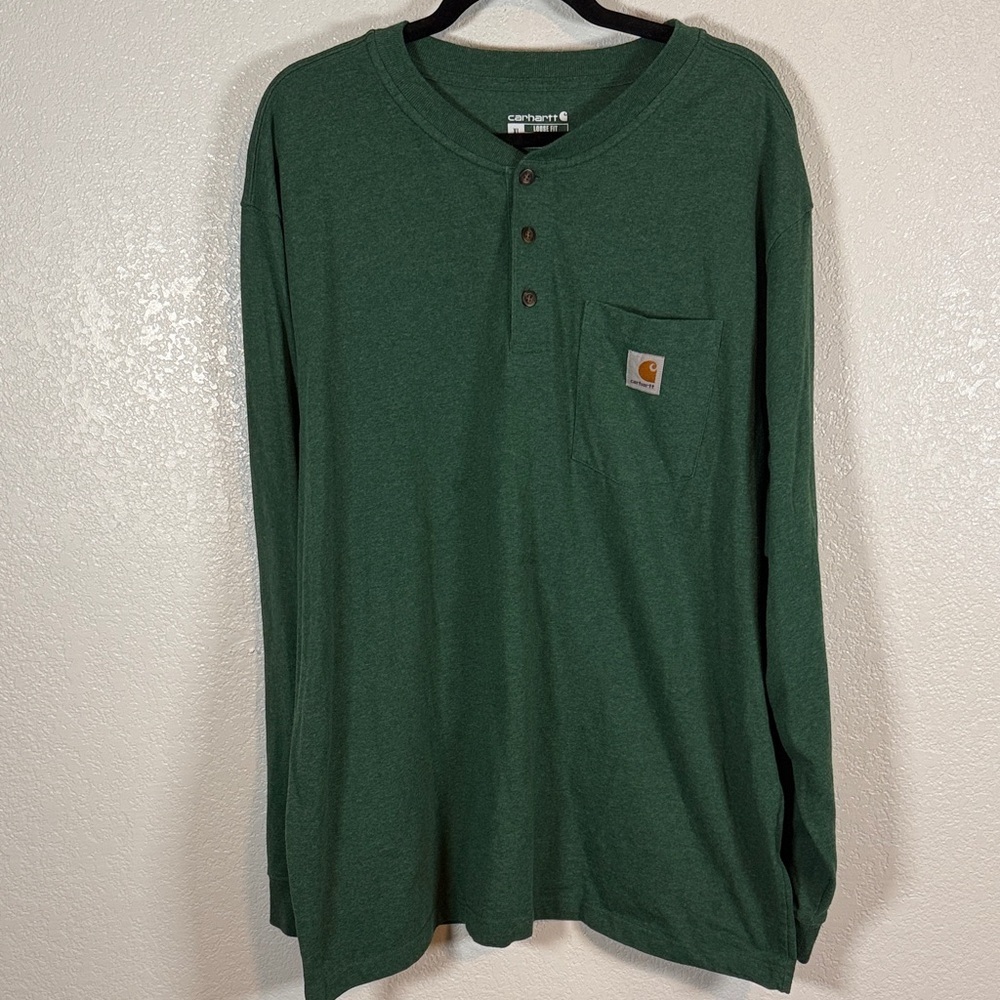 Carhartt Green Relaxed Fit Henley Long Sleeve Workwear Outdoor Tee Shirt Size XL